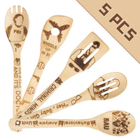 Eartim 5 Pcs Criminal TV Wooden Spoons Set for Cooking, Burned Organic Bamboo Utensils Chef Cook Gadget Carved Engraved Kitchen Tools Creative House Warming Wedding Gifts for Friends Family