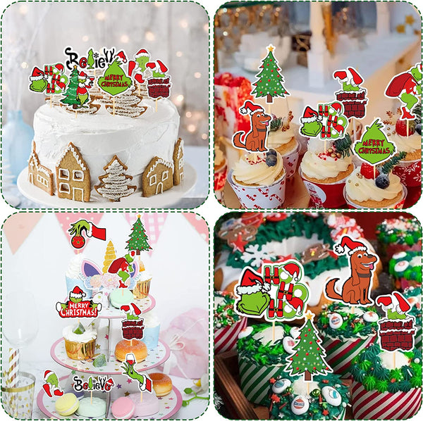 Eartim 36Pcs Christmas Cupcake Toppers Red and Green Merry Christmas B