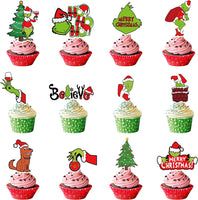 Eartim 36Pcs Christmas Cupcake Toppers Red and Green Merry Christmas B